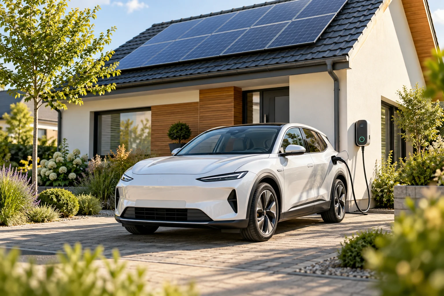 Elektroauto lädt an der Wallbox vor einem Haus mit Solardach