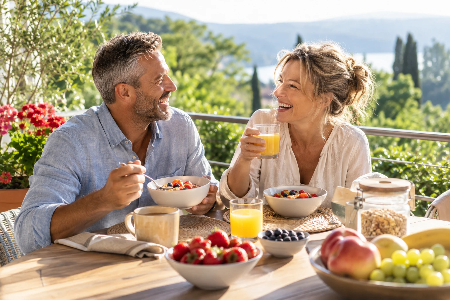 Paar beim gesunden Frühstück auf dem Balkon